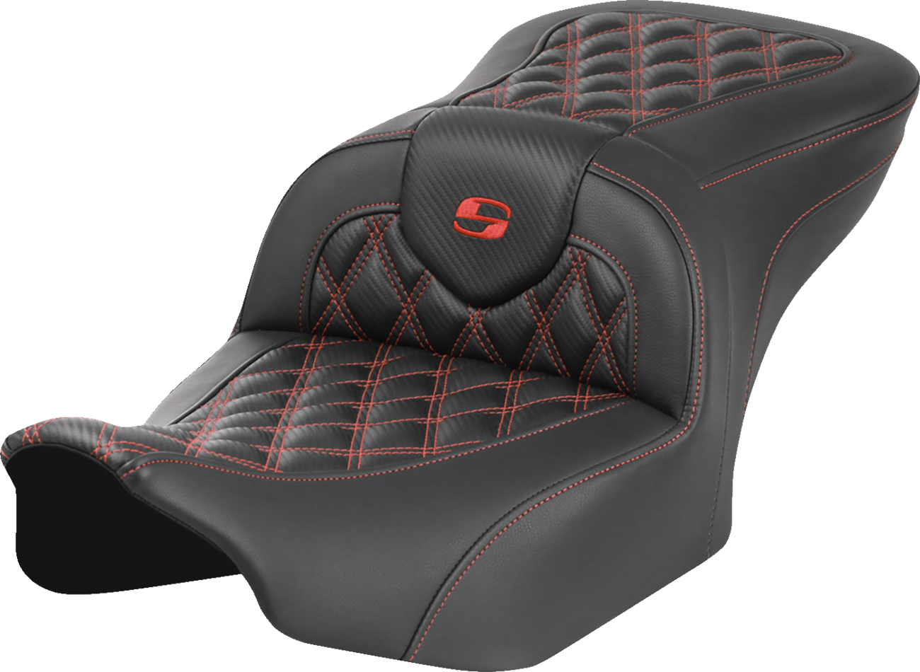Roadsofa™ Lattice Stitch Seat - RoadSofa™ Seat - without Backrest - Carbon Fiber - Lattice Stitch - Red Stitch - FLTR/FLHX '23-'24 [0801-1783]