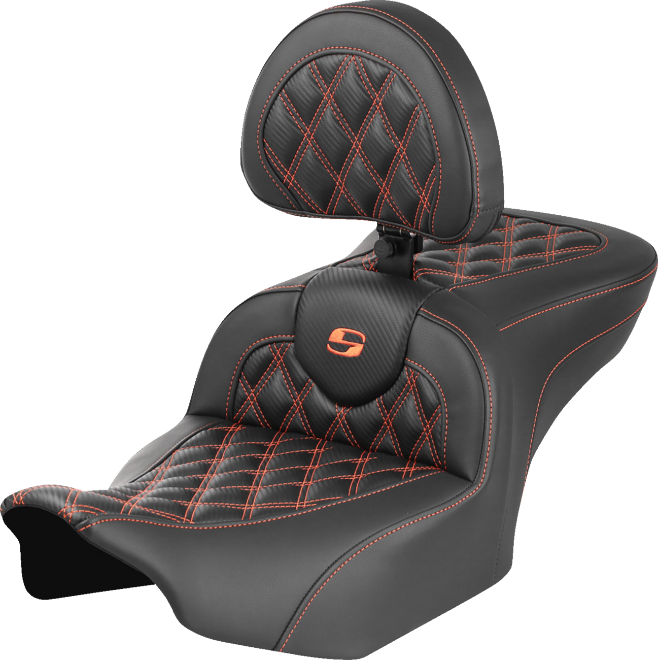 Roadsofa™ Lattice Stitch Seat - RoadSofa™ Seat - with Backrest - Carbon Fiber - Lattice Stitch - Orange Stitch - FLTR/FLHX '23-'24 [0801-1789]