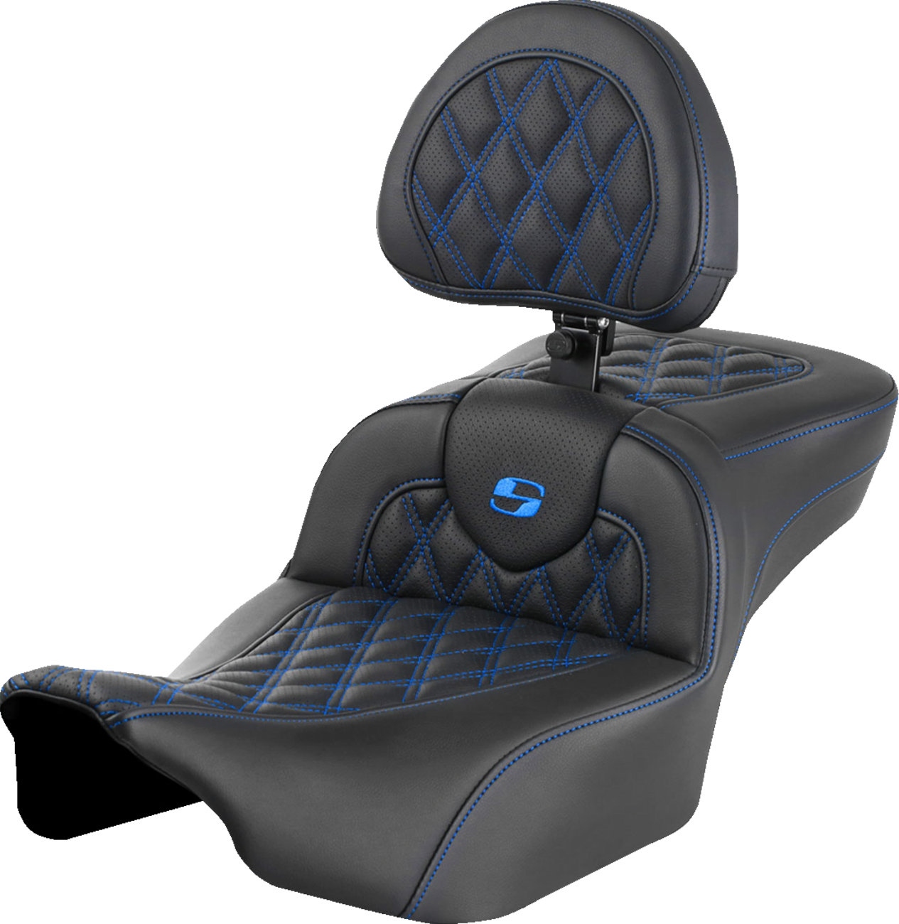 Roadsofa™ Extended Reach Seat - with Backrest - Lattice Stitch - Blue Stitch - FLTR/FLHX '23-'24 [0801-1731]