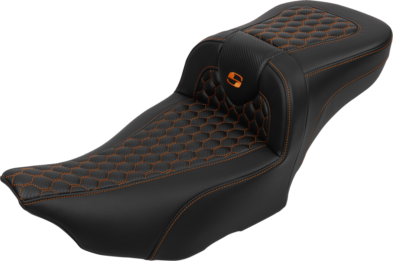 Roadsofa™ Extended Reach Seat - with Backrest - Honeycomb - Orange Stitch - FLTR/FLHX '23-'24 [0801-1765]