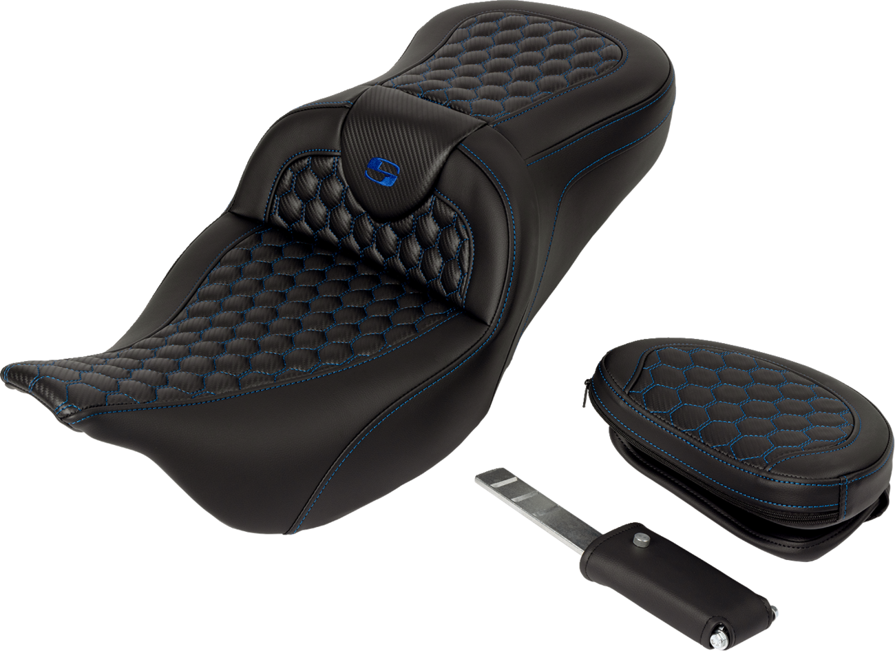 Honeycomb Roadsofa™ Seat - RoadSofa™ Seat - Honeycomb - Blue Stitch - with Backrest - FLH/FLT '08-'23 [0801-1644] - Image 2