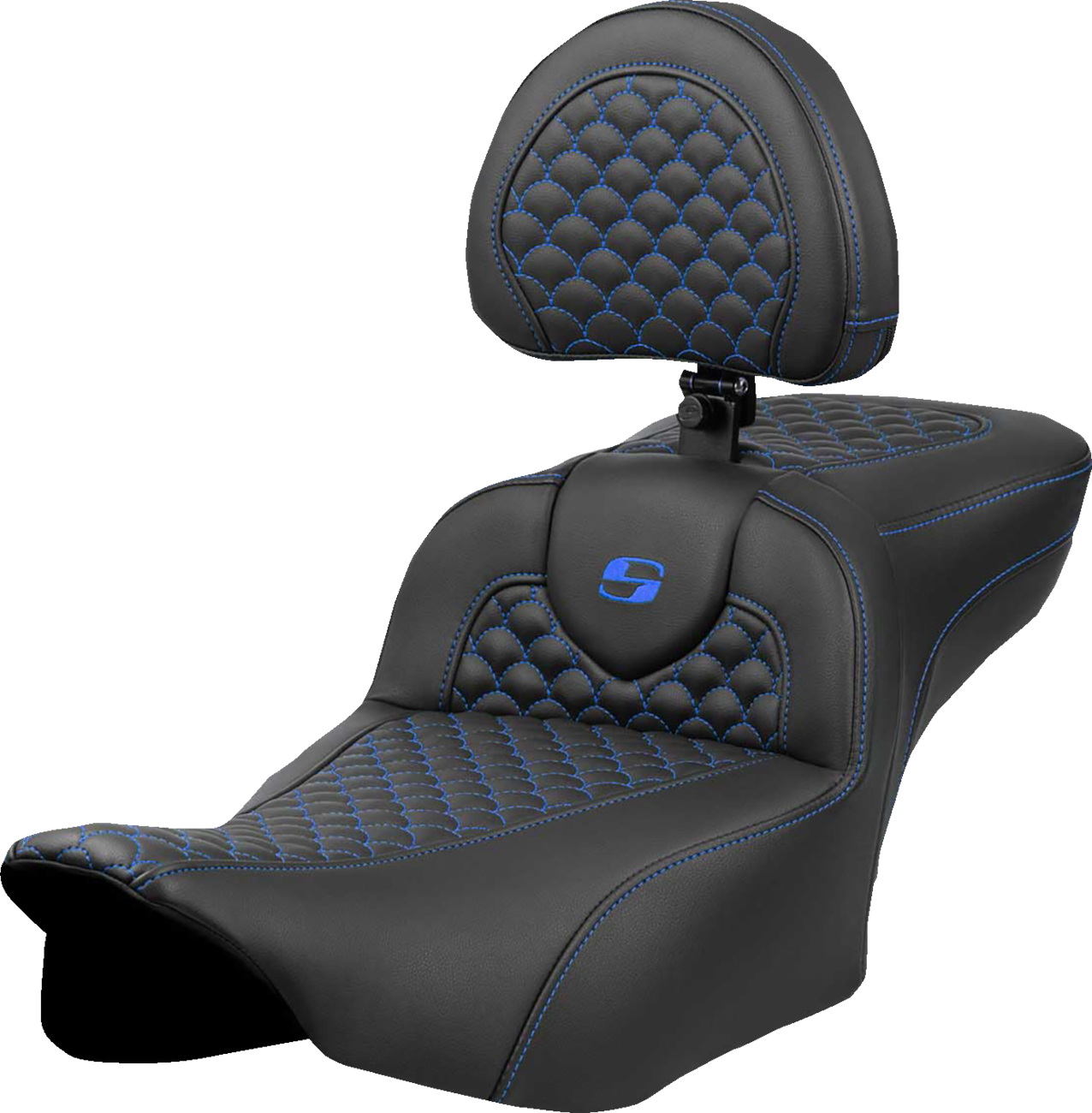 Dragon Scale Stitch RoadSofa™ Seat - Roadsofa™ Extended Reach Seat - Dragon Scale Stitch - Blue Stitch - w/ Backrest - FLTR/FLHX '23-'24 [0801-2084]