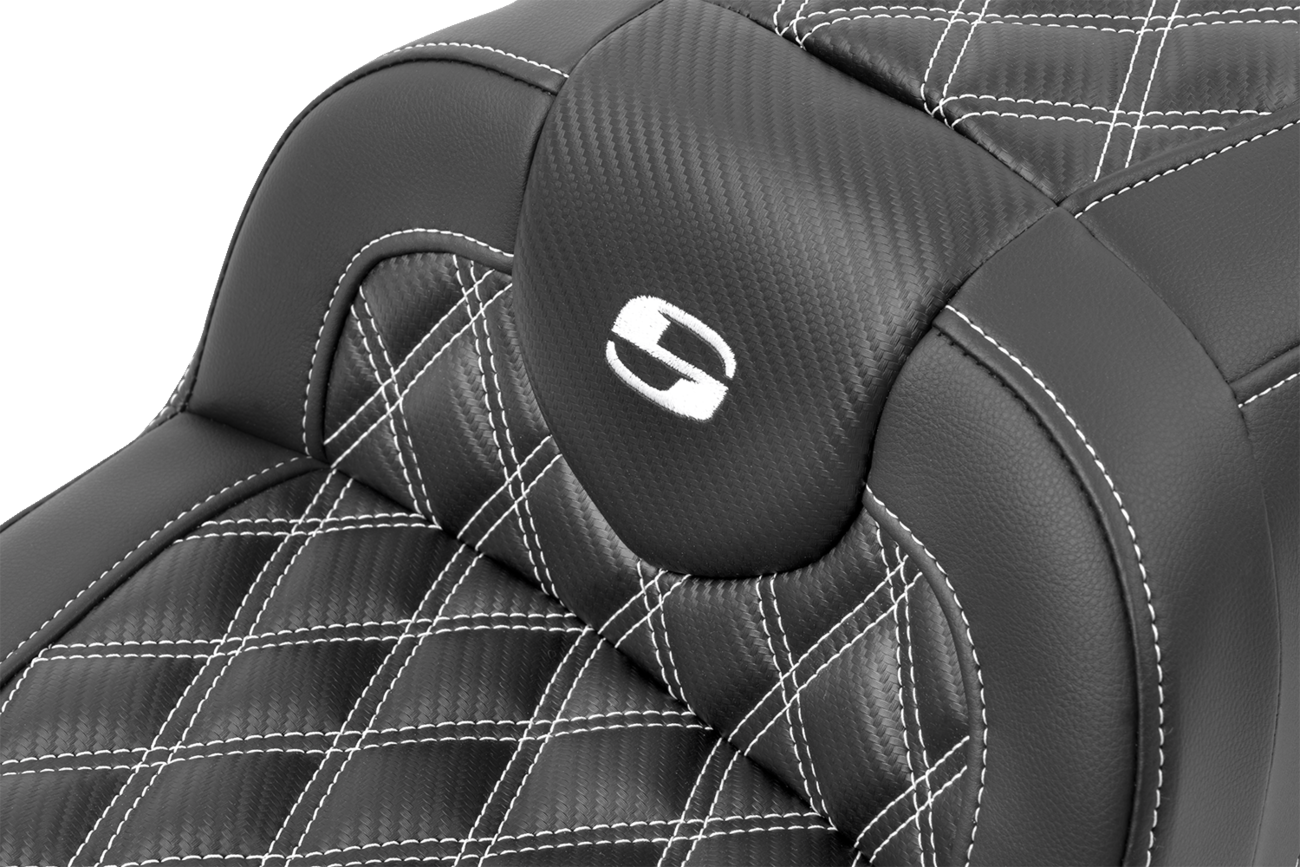 Roadsofa™ Lattice Stitch Seat - RoadSofa™ Seat - with Backrest - Carbon Fiber - Lattice Stitch - White Stitch - FLTR/FLHX '23-'24 [0801-1792] - Image 5