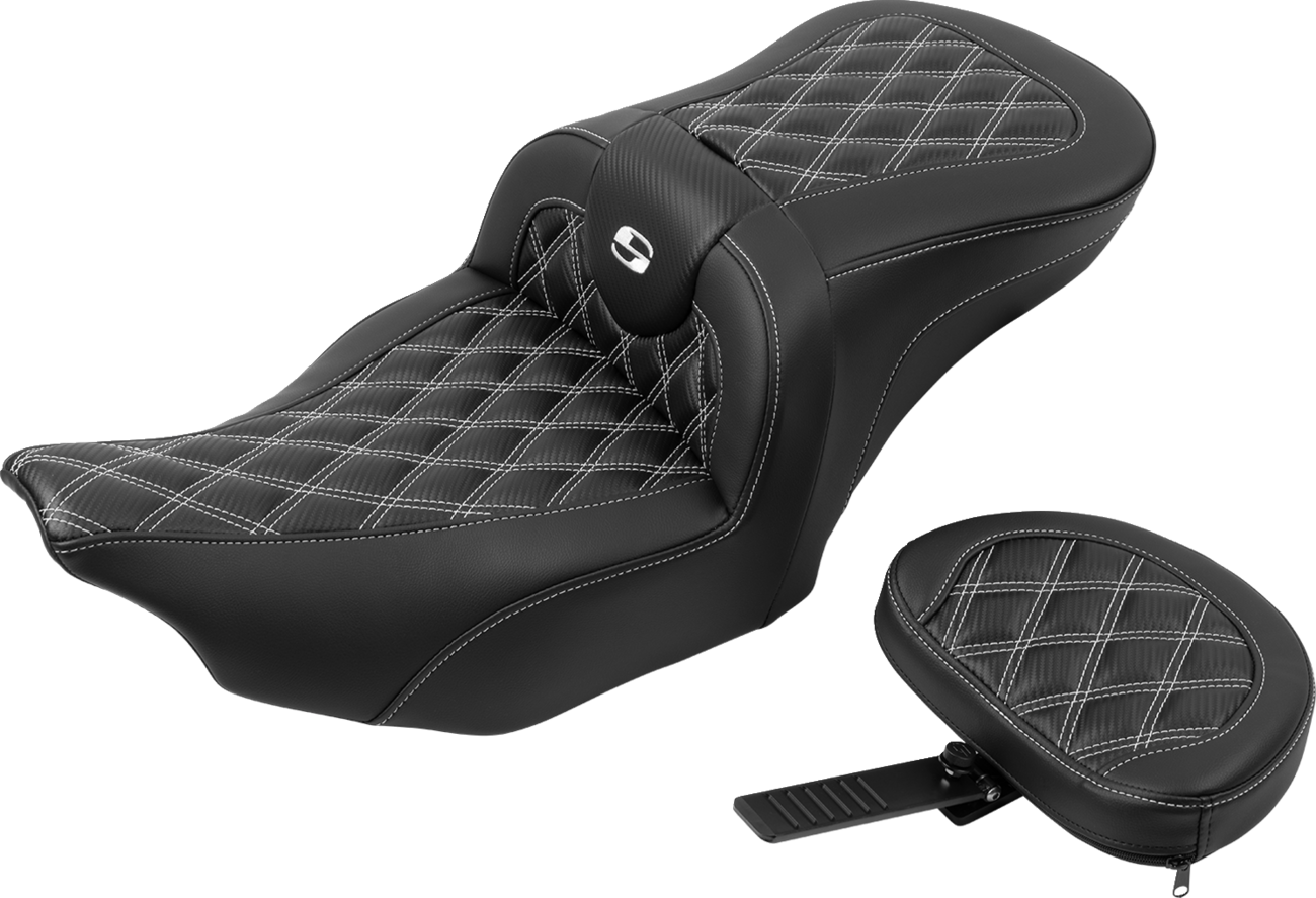 Roadsofa™ Lattice Stitch Seat - RoadSofa™ Seat - with Backrest - Carbon Fiber - Lattice Stitch - White Stitch - FLTR/FLHX '23-'24 [0801-1792] - Image 2