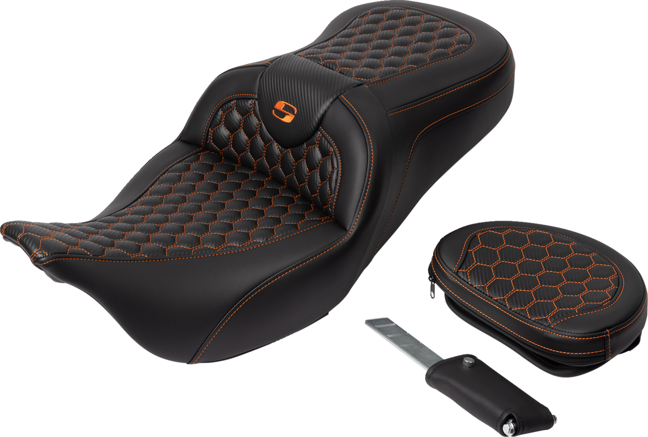 Honeycomb Roadsofa™ Seat - RoadSofa™ Seat - Honeycomb - Orange Stitch - with Backrest - FLH/FLT '08-'23 [0801-1645] - Image 2