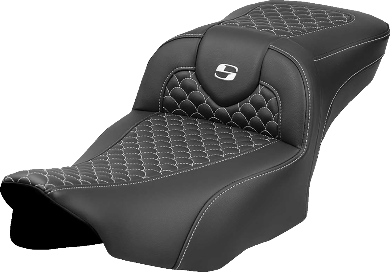 Dragon Scale Stitch RoadSofa™ Seat - Roadsofa™ Extended Reach Seat - Dragon Scale Stitch - White Stitch - w/o Backrest - FLT/FLH '23-'24 [0801-2082]