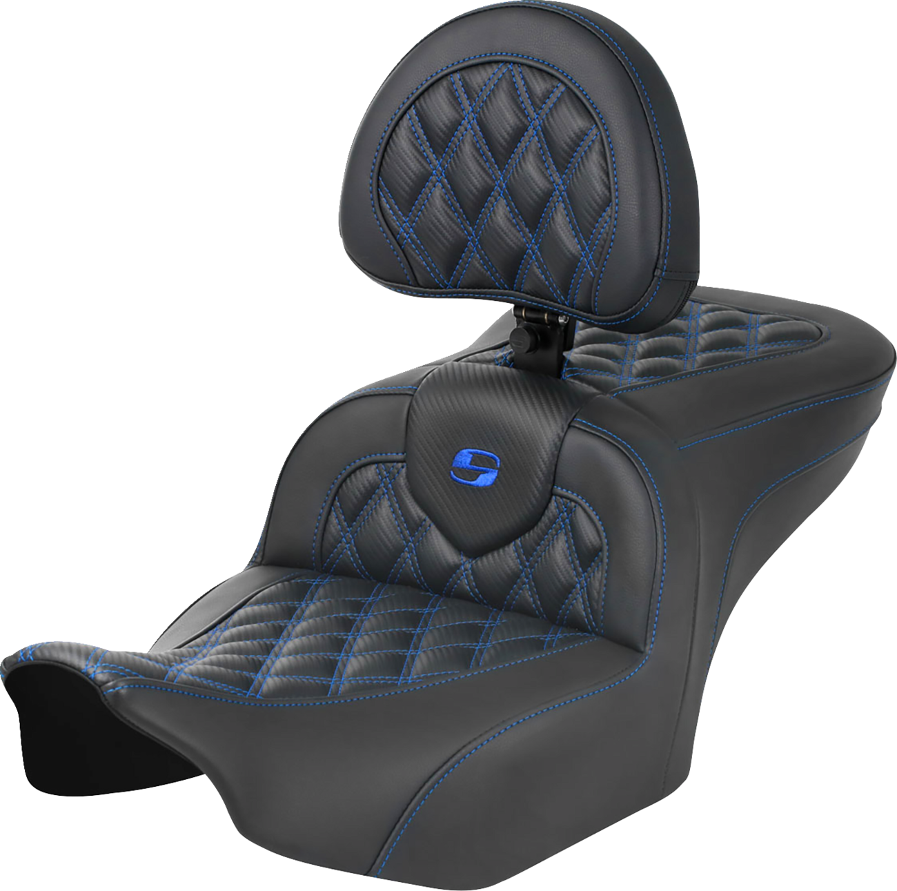 Roadsofa™ Lattice Stitch Seat - RoadSofa™ Seat - with Backrest - Carbon Fiber - Lattice Stitch - Blue Stitch - FLTR/FLHX '23-'24 [0801-1787]
