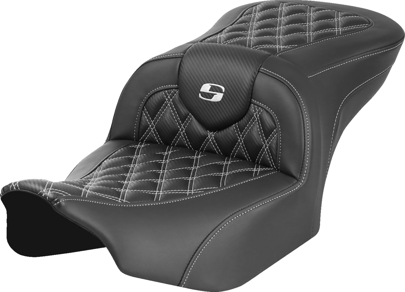 Roadsofa™ Lattice Stitch Seat - RoadSofa™ Seat - without Backrest - Carbon Fiber - Lattice Stitch - White Stitch - FLTR/FLHX '23-'24 [0801-1785]