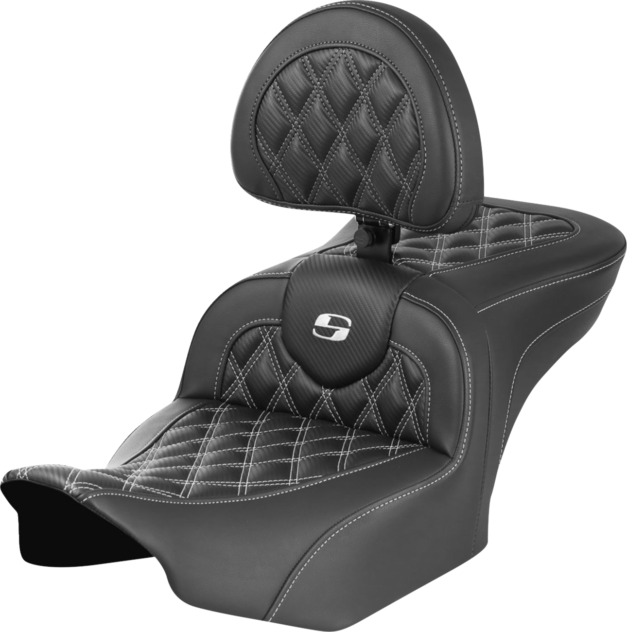 Roadsofa™ Lattice Stitch Seat - RoadSofa™ Seat - with Backrest - Carbon Fiber - Lattice Stitch - White Stitch - FLTR/FLHX '23-'24 [0801-1792]