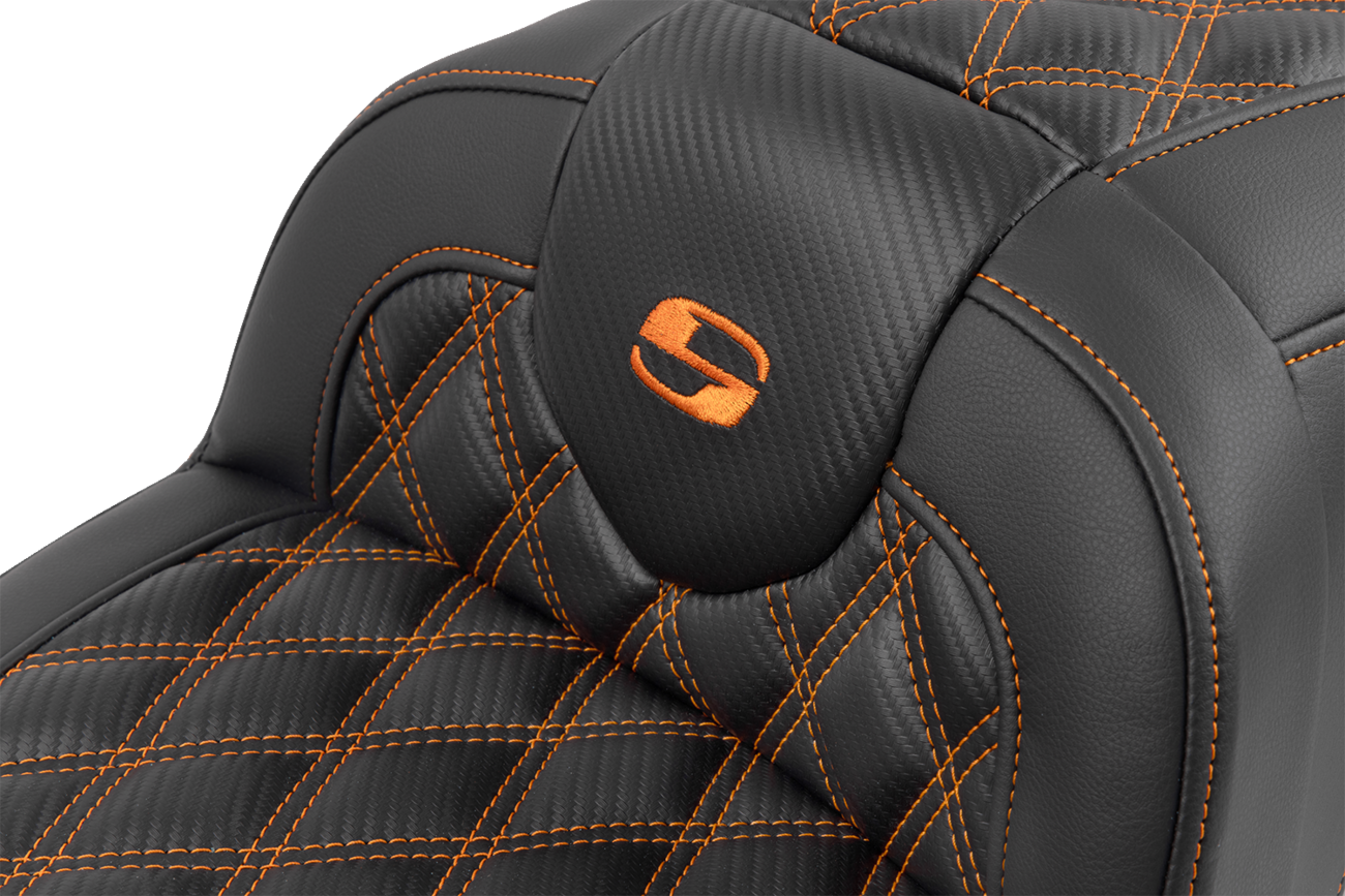 Roadsofa™ Lattice Stitch Seat - RoadSofa™ Seat - with Backrest - Carbon Fiber - Lattice Stitch - Orange Stitch - FLTR/FLHX '23-'24 [0801-1789] - Image 6