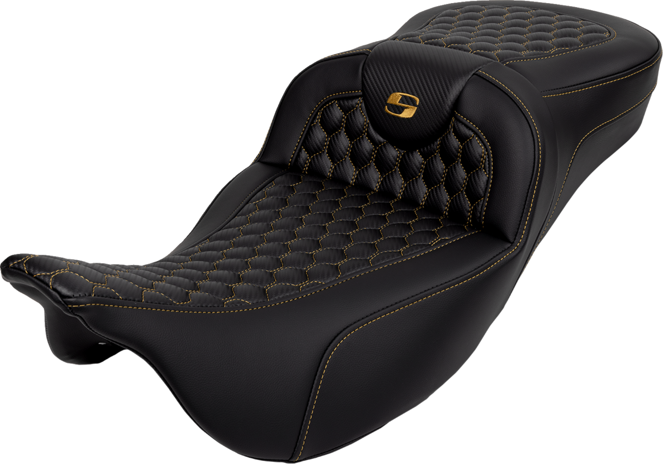 Honeycomb Roadsofa™ Seat - RoadSofa™ Seat - Honeycomb - Gold Stitch - Extended Reach - without Backrest - FLH/FLT '08-'24 [0801-1650]