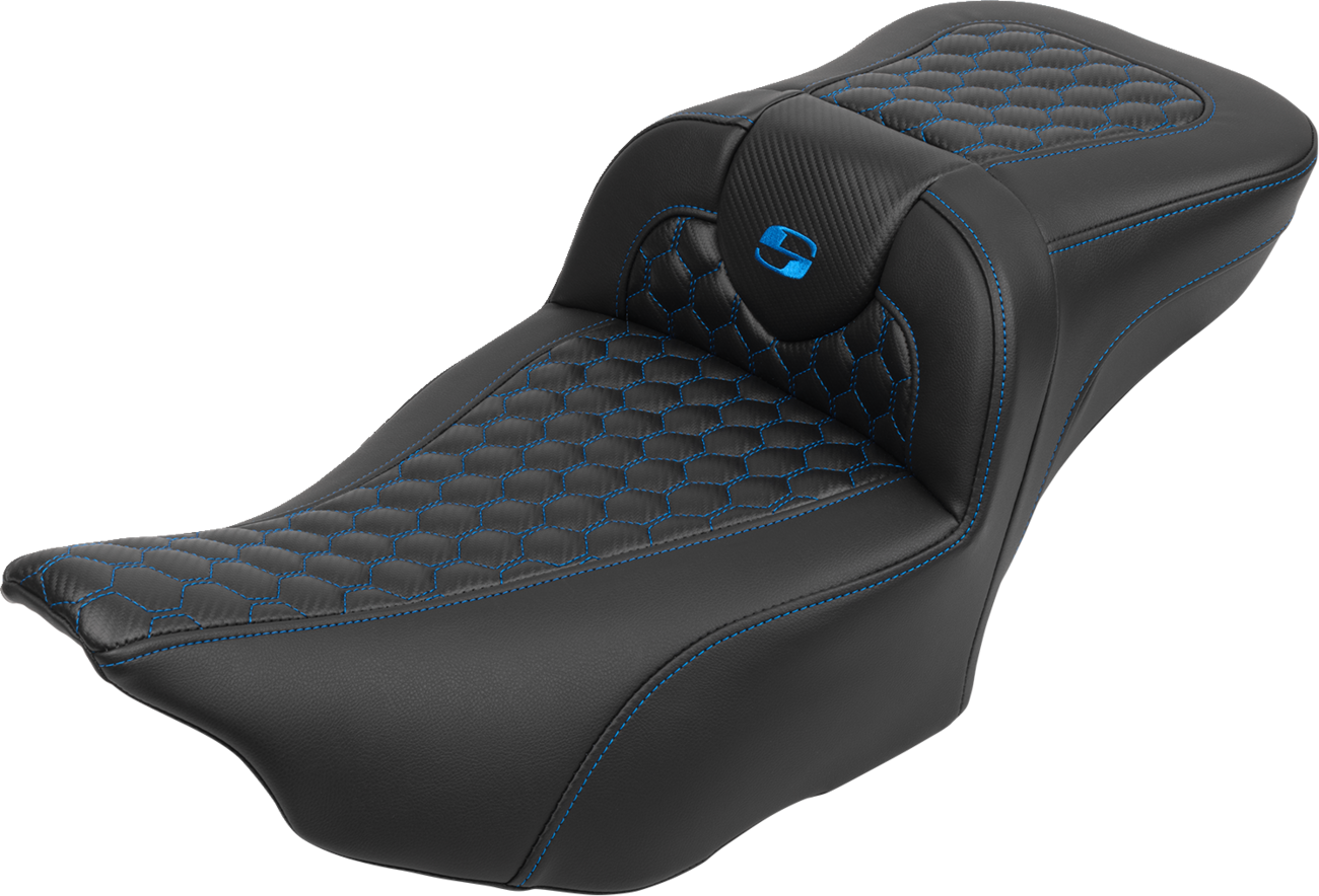 Roadsofa™ Extended Reach Seat - with Backrest - Honeycomb - Blue Stitch - FLTR/FLHX '23-'24 [0801-1763]