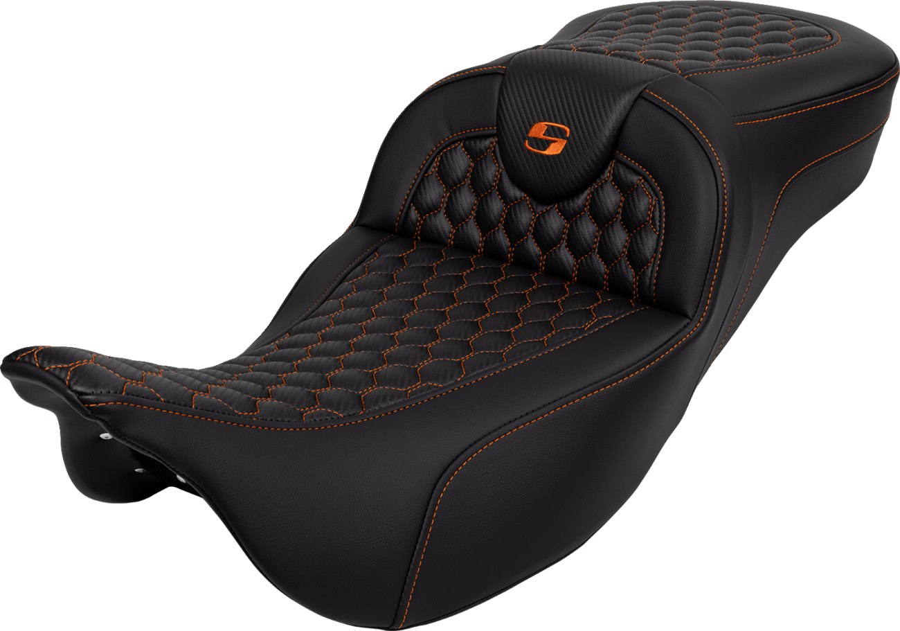 Honeycomb Roadsofa™ Seat - RoadSofa™ Seat - Honeycomb - Orange Stitch - Extended Reach - without Backrest - FLH/FLT '08-'24 [0801-1649]