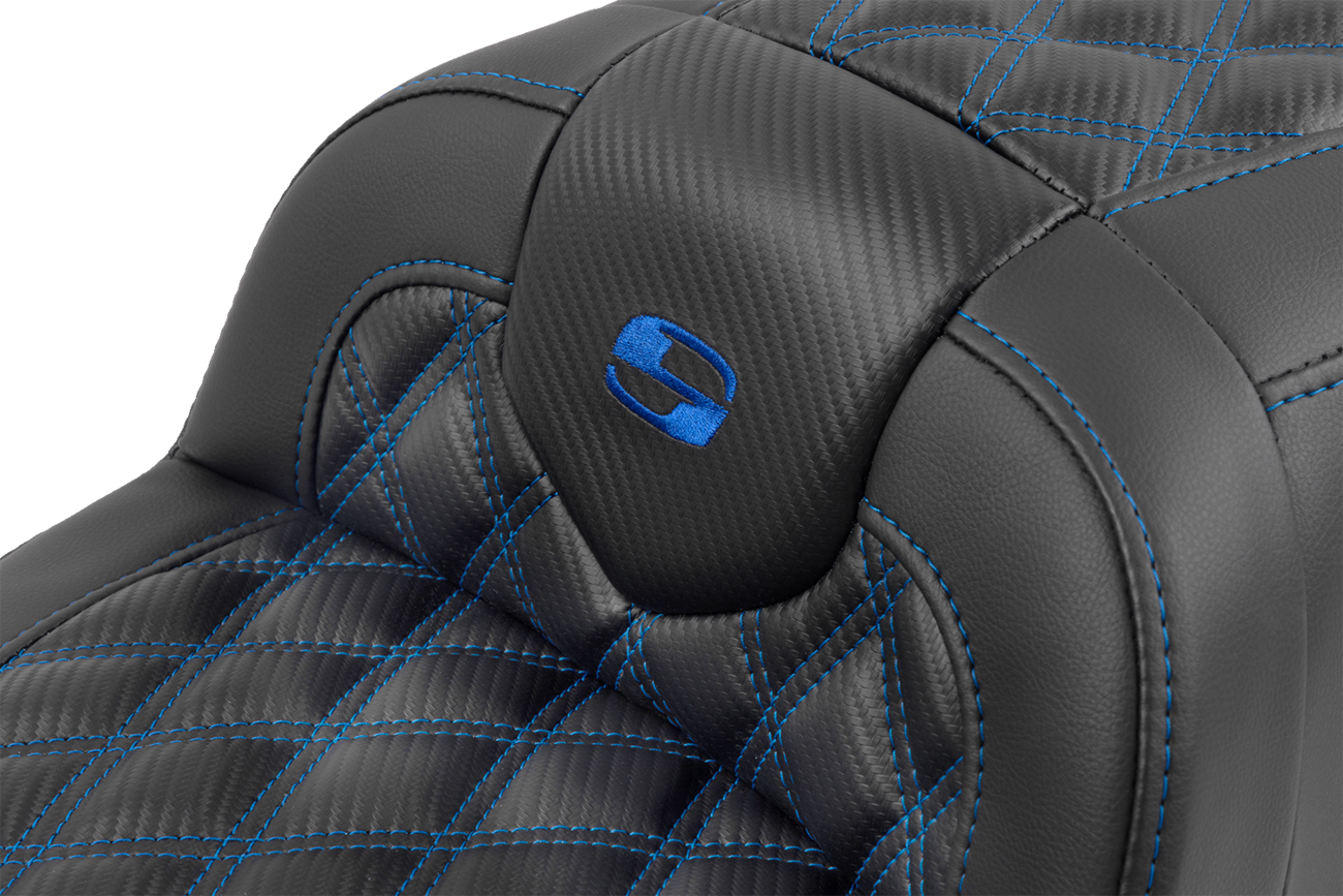 Roadsofa™ Lattice Stitch Seat - RoadSofa™ Seat - with Backrest - Carbon Fiber - Lattice Stitch - Blue Stitch - FLTR/FLHX '23-'24 [0801-1787] - Image 5