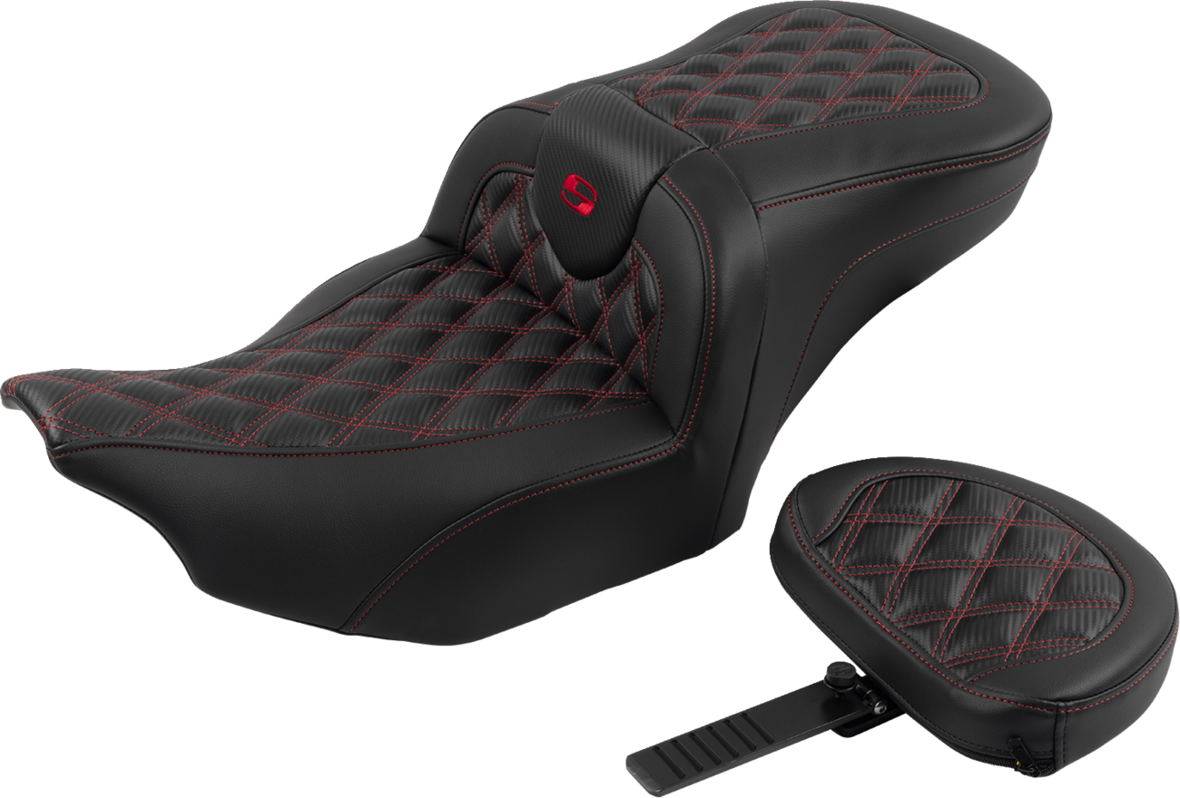 Roadsofa™ Lattice Stitch Seat - RoadSofa™ Seat - with Backrest - Carbon Fiber - Lattice Stitch - Red Stitch - FLTR/FLHX '23-'24 [0801-1790] - Image 2