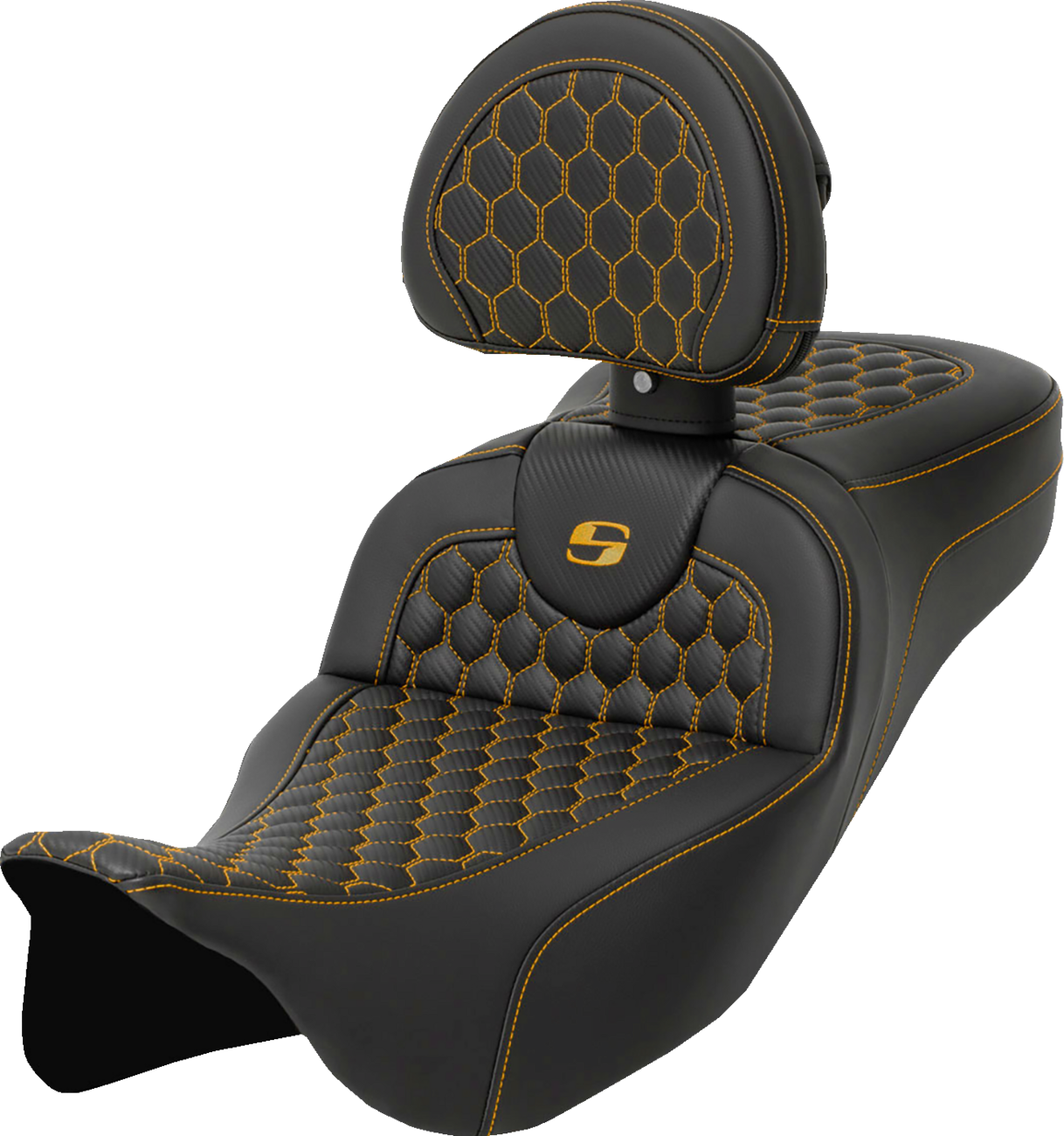 Honeycomb Roadsofa™ Seat - RoadSofa™ Seat - Honeycomb - Gold Stitch - with Backrest - Extended Reach - FLH/FLT '08-'24 [0801-1654]