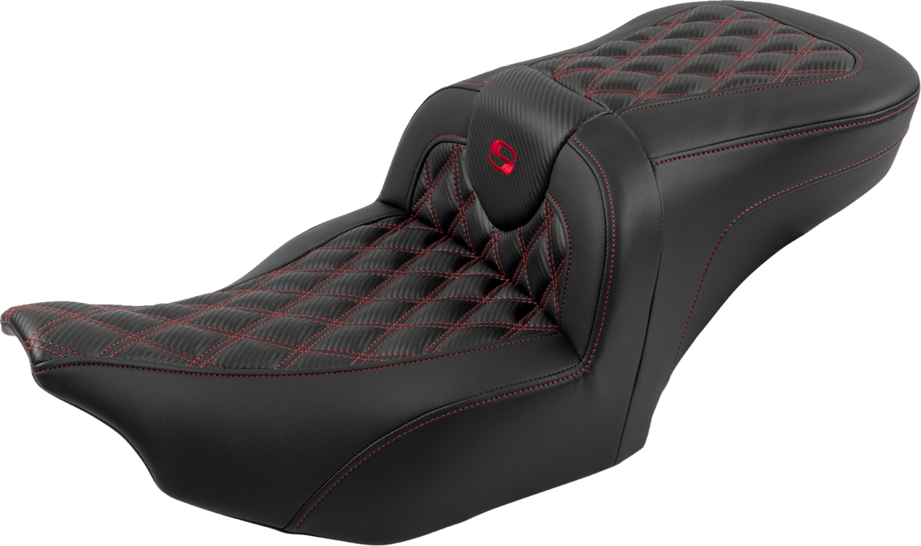 Roadsofa™ Lattice Stitch Seat - RoadSofa™ Seat - with Backrest - Carbon Fiber - Lattice Stitch - Red Stitch - FLTR/FLHX '23-'24 [0801-1790] - Image 3