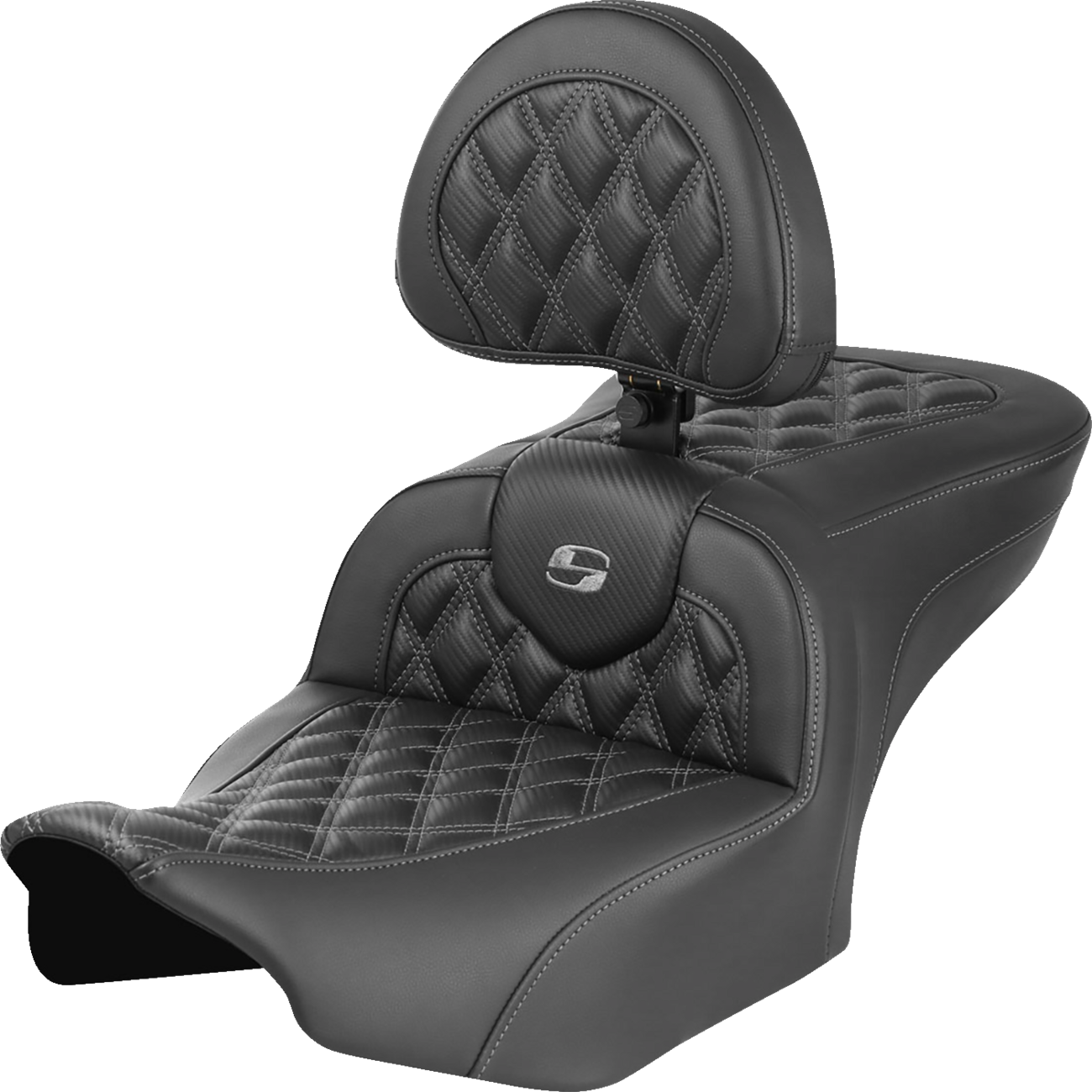 Roadsofa™ Lattice Stitch Seat - RoadSofa™ Seat - with Backrest - Carbon Fiber - Lattice Stitch - Gray Stitch - FLTR/FLHX '23-'24 [0801-1788]