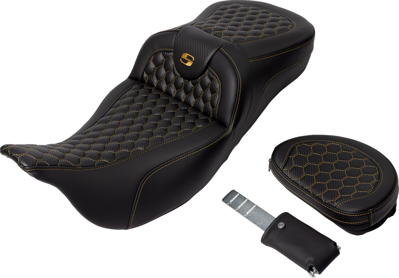 Honeycomb Roadsofa™ Seat - RoadSofa™ Seat - Honeycomb - Gold Stitch - with Backrest - Extended Reach - FLH/FLT '08-'24 [0801-1654] - Image 4