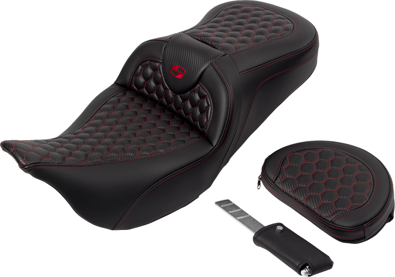 Honeycomb Roadsofa™ Seat - RoadSofa™ Seat - Honeycomb - Red Stitch - with Backrest - FLH/FLT '08-'23 [0801-1643] - Image 2