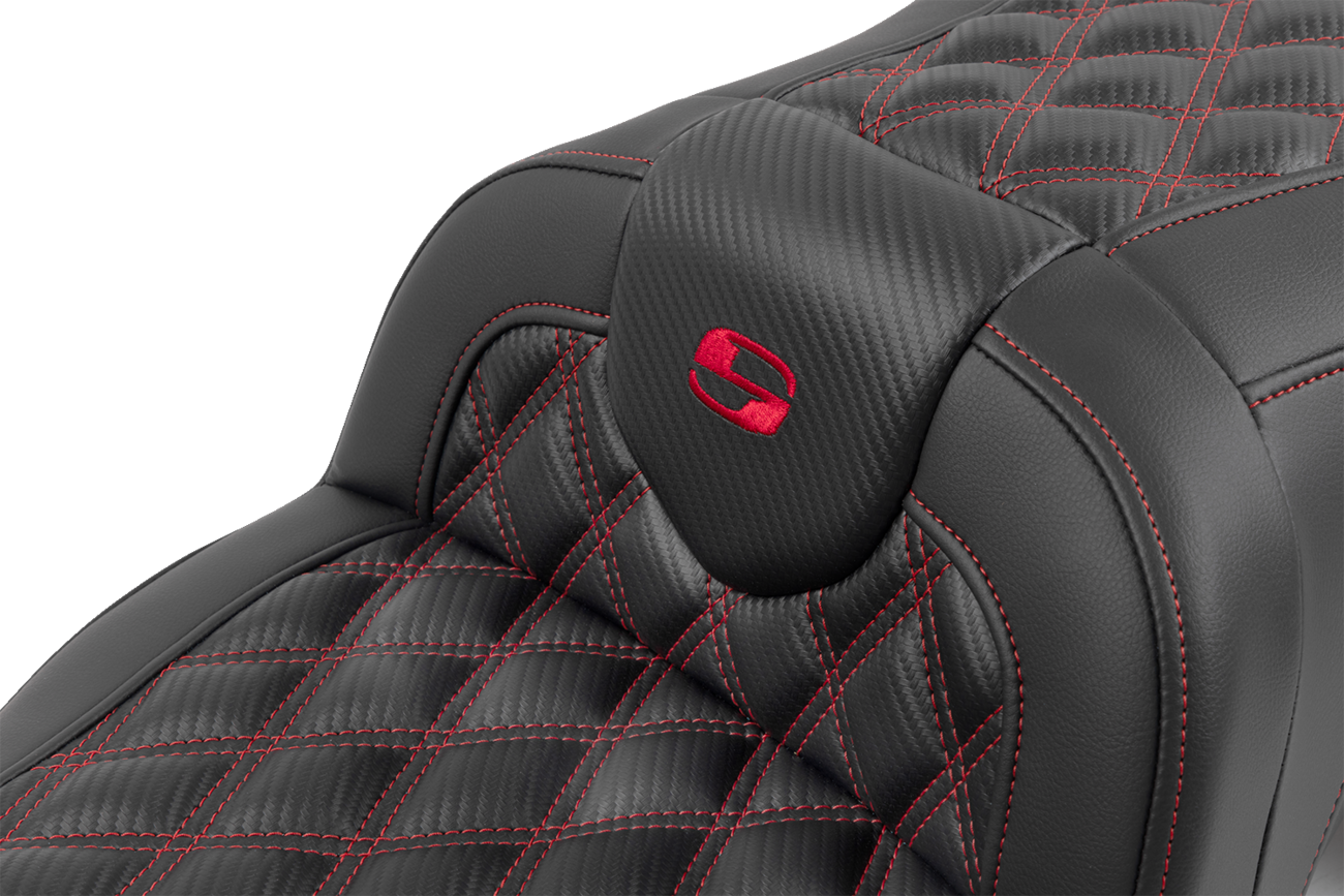 Roadsofa™ Lattice Stitch Seat - RoadSofa™ Seat - with Backrest - Carbon Fiber - Lattice Stitch - Red Stitch - FLTR/FLHX '23-'24 [0801-1790] - Image 5