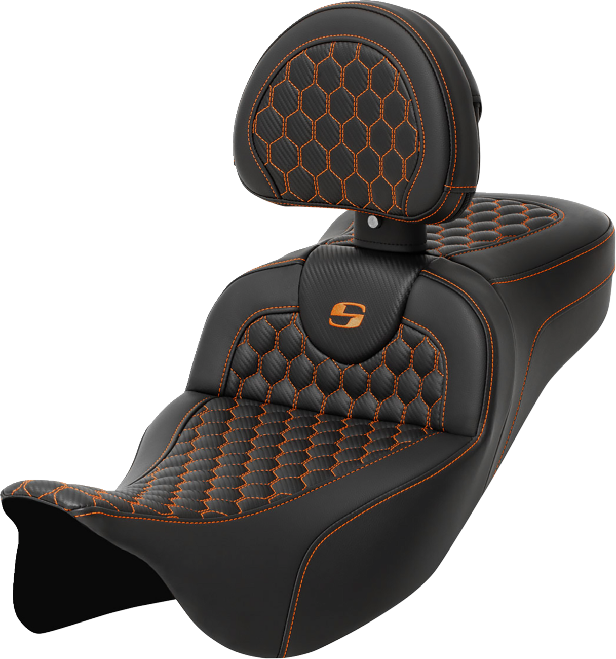 Honeycomb Roadsofa™ Seat - RoadSofa™ Seat - Honeycomb - Orange Stitch - with Backrest - Extended Reach - FLH/FLT '08-'24 [0801-1653]