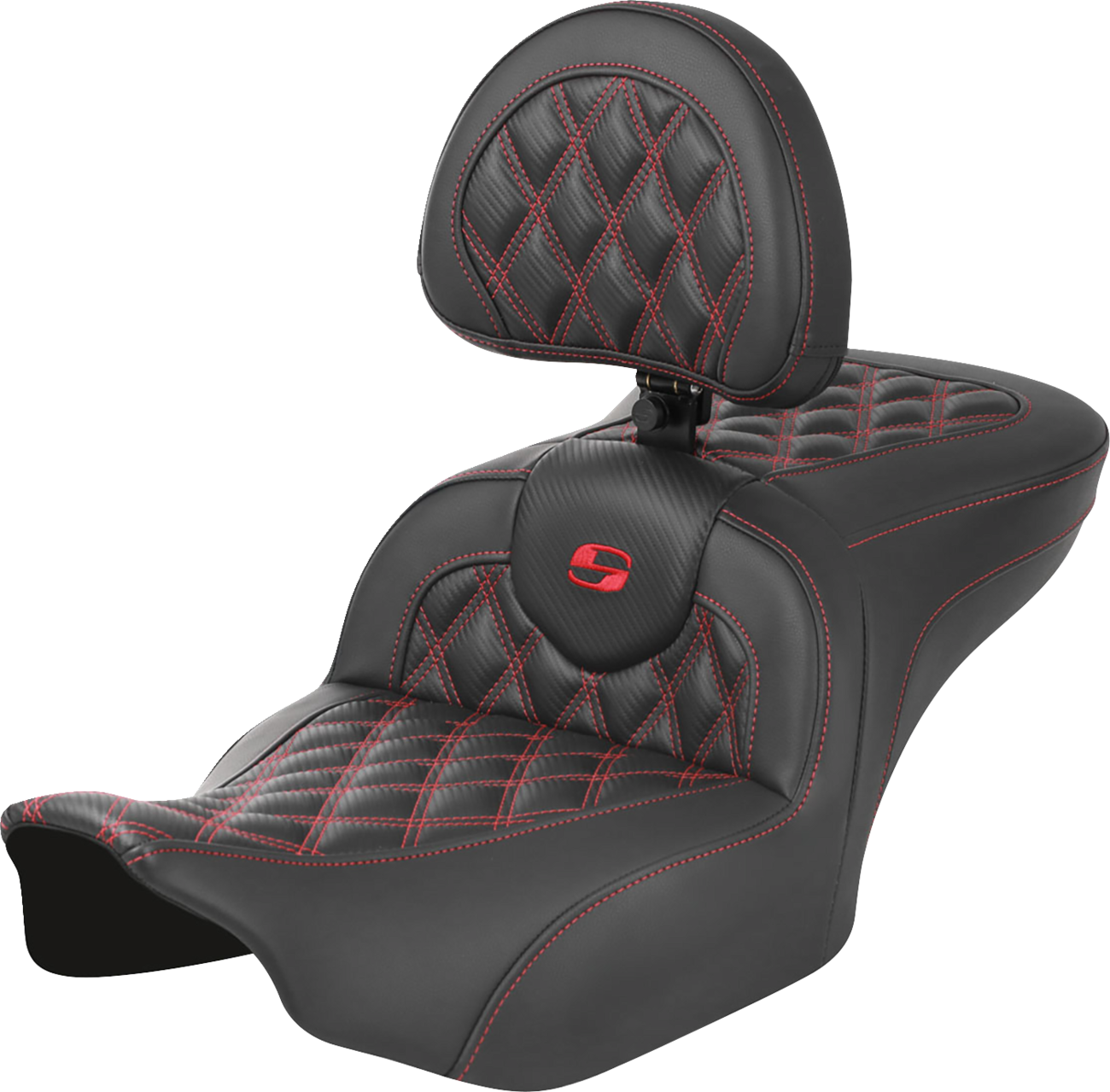 Roadsofa™ Lattice Stitch Seat - RoadSofa™ Seat - with Backrest - Carbon Fiber - Lattice Stitch - Red Stitch - FLTR/FLHX '23-'24 [0801-1790]