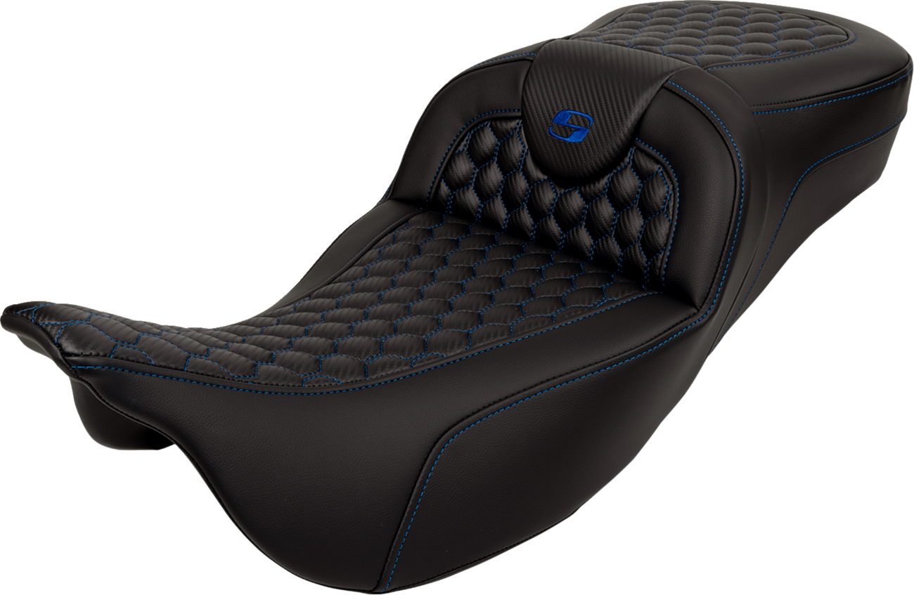 Honeycomb Roadsofa™ Seat - RoadSofa™ Seat - Honeycomb - Blue Stitch - Extended Reach - without Backrest - FLH/FLT '08-'24 [0801-1648]